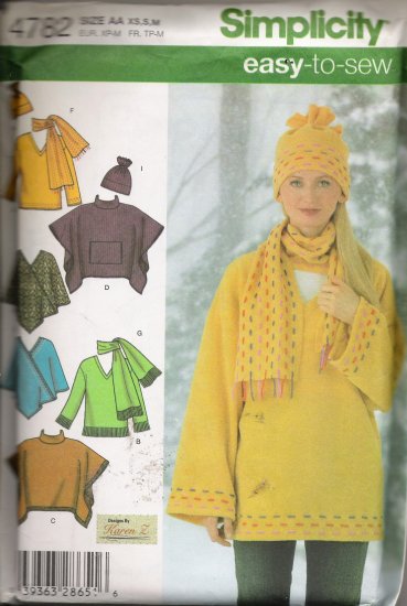 Misses' Top Ponchos Scarf Hat Fleece Sewing Pattern Size XS, S, M Simplicity 4782 UNCUT