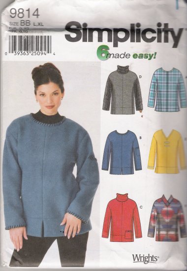 Misses' Fleece Tops Plus Size Sewing Pattern Size L, XL Simplicity 9814 UNCUT