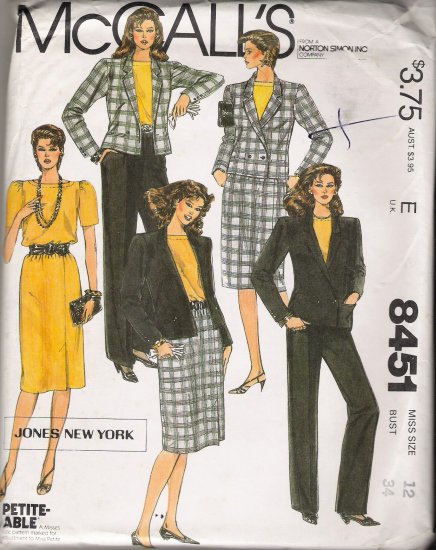 Misses' Jacket Top Skirt Pants Sewing Pattern Size 12 McCall's 8451 UNCUT