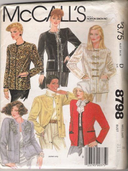 Misses' Jacket Sewing Pattern Size 8 McCall's 8798 UNCUT