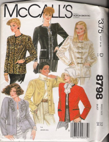 Misses' Jacket Sewing Pattern Size 12 McCall's 8798 UNCUT