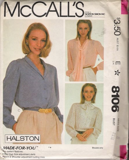 Misses' Halston Blouses Sewing Pattern Size 8 McCall's 8106 UNCUT