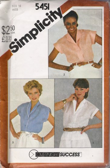 Vintage Sewing Pattern Misses' Shirts 1982 Size 16 Simplicity 5451 UNCUT