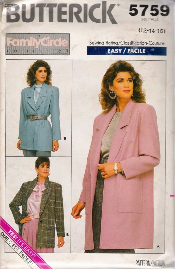Vintage Sewing Pattern Misses' Jacket Size 12-16 Butterick 5759 UNCUT