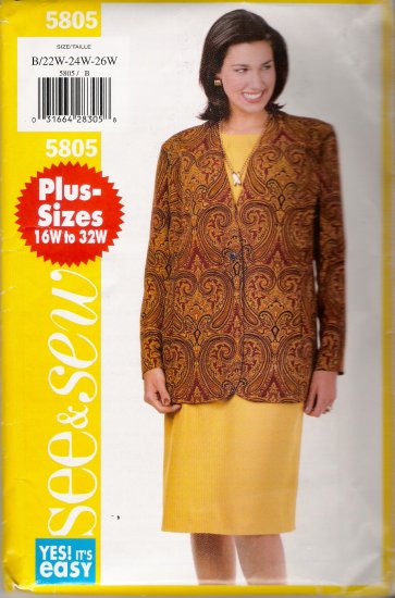 Women's Jacket & Dress Plus Size Sewing Pattern Size 22-26 Butterick 5805 UNCUT