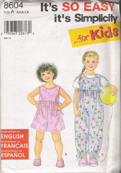 Child's Romper Sewing Pattern Size 4-8 Simplicity 8604 UNCUT