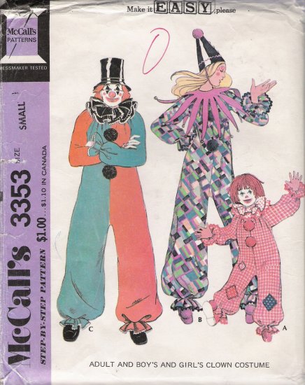 Vintage Sewing Pattern Adult Clown Costume Size 32-34 McCall's 3353 UNCUT