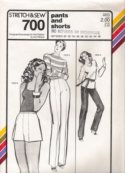 Vintage Sewing Pattern Pants & Shorts Hip Sizes 30-46 Stretch & Sew 700 UNCUT