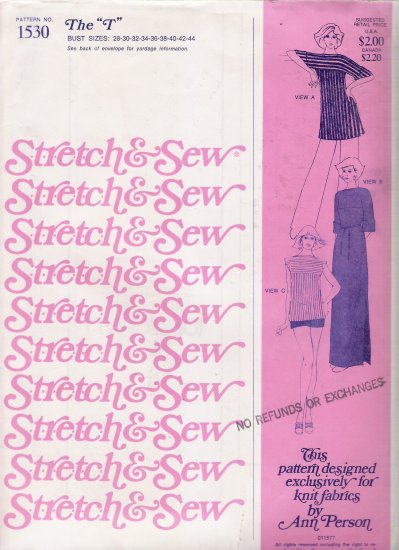 Vintage Sewing Pattern The "T" Dress & Top Bust Sizes 28-44 Stretch & Sew 1530 UNCUT