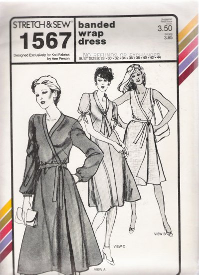 Vintage Sewing Pattern Banded Wrap Dress Bust Sizes 28-44 Stretch & Sew 1567 UNCUT