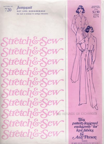 Vintage Sewing Pattern Jumpsuit Bust Sizes 30-42 Stretch & Sew 720 UNCUT