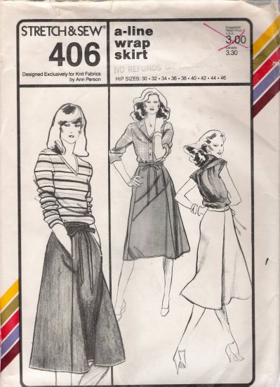 Vintage Sewing Pattern A-Line Wrap Skirt Hip Sizes 30-46 Stretch & Sew 406 UNCUT