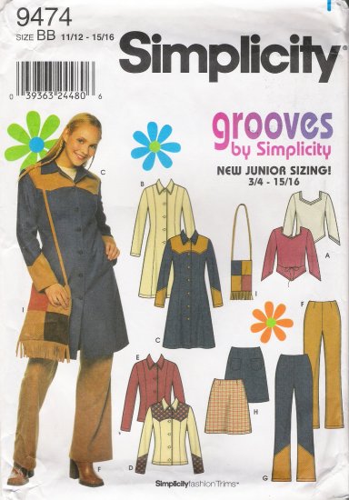 Juniors' Coat Jacket Pants Skirt Bag Top Sewing Pattern Size 11/12-15/16 Simplicity 9474 UNCUT
