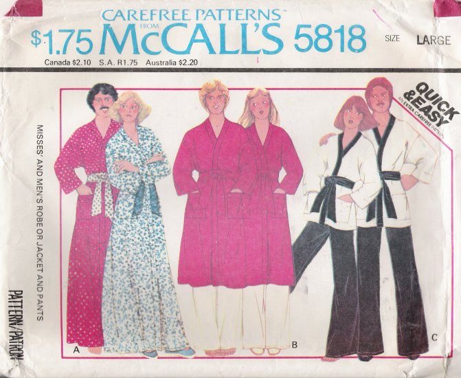 Vintage Sewing Pattern Misses' & Men's Robe Jacket Pants Size 40-42 McCall's 5818 UNCUT