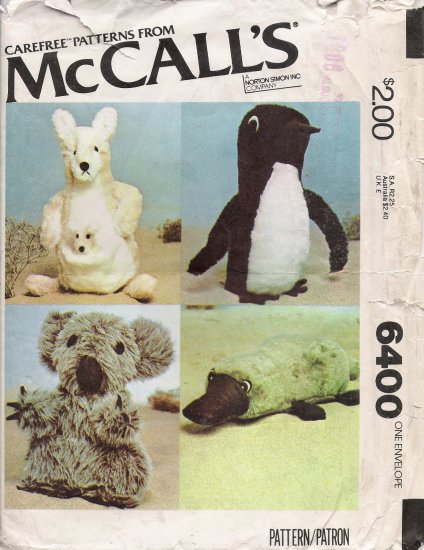 Vintage Sewing Pattern Set Of Stuffed Animals McCall's 6400 UNCUT