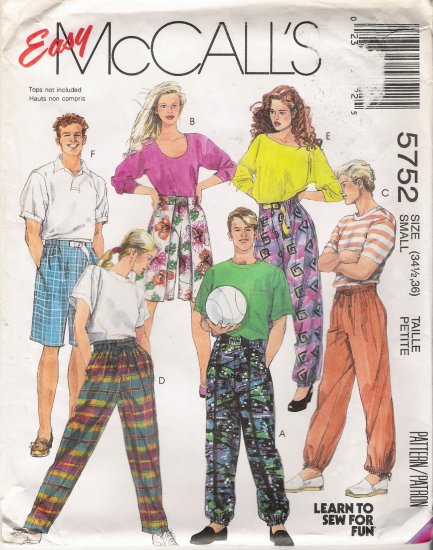 Misses', Men's Or Teen Boys Pants Shorts Sewing Pattern Size Small McCall's 5752 UNCUT