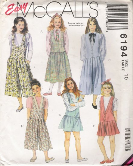 Girls' & Chubbies' Jumper Sewing Pattern Size 10 McCall's 6194 UNCUT