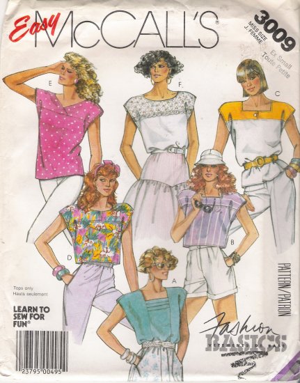 Misses' Pullover Tops Sewing Pattern Size 6-8 McCall's 3009 UNCUT