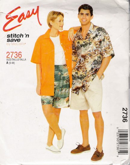 Misses', Men's & Teen Boys Shirt Shorts Sewing Pattern Size S-M McCall's 2736 UNCUT