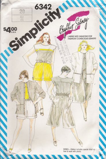Vintage Sewing Pattern Misses' Shorts Culottes Top Jacket Size 20 Simplicity 6342 UNCUT