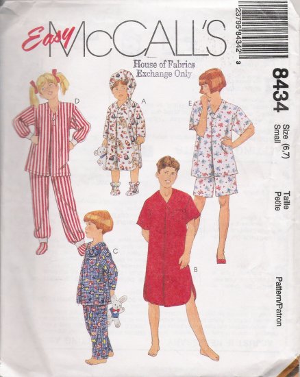 Children's, Boys' & Girls' Sleepwear Sewing Pattern Size 6-7 McCall's 8434 UNCUT