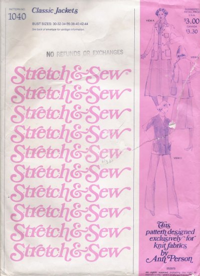 Vintage Sewing Pattern Classic Jackets Bust Sizes 30-44 Stretch & Sew 1040 UNCUT