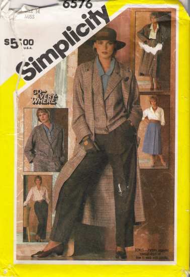Vintage Sewing Pattern Misses' Coat Jacket Blouse Skirt Trousers Size 14 Simplicity 6576 UNCUT