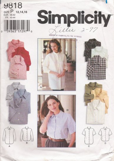 Misses' Shirt Sewing Pattern Size 12-16 Simplicity 9818 UNCUT