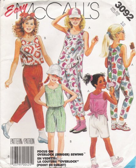 Girls' Top Pants Shorts Sewing Pattern Size 12 McCall's 3092 UNCUT