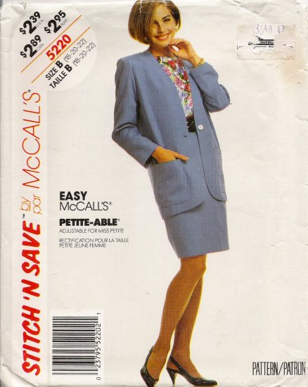 Misses' Jacket Top Skirt Sewing Pattern Size 18-22 McCall's 5220 UNCUT