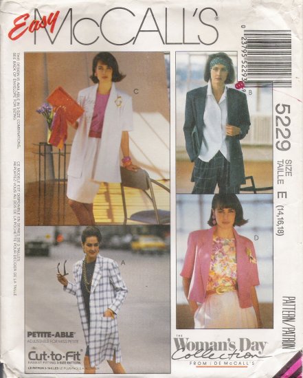 Misses' Coat Or Jacket Sewing Pattern Size 14-18 McCall's 5229 UNCUT