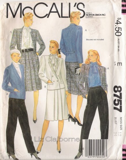 Misses' Jacket Skirt Pants Sewing Pattern Size 12 McCall's 8757 UNCUT