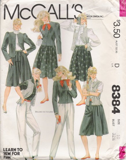 Misses' & Junior Petite Jacket Vest Pants Skirt Culottes Sewing Pattern Size 10 McCall's 8384 UNCUT