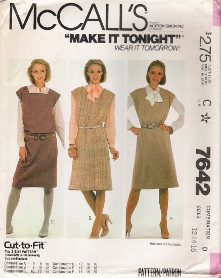 Misses' Jumpers & Belt Sewing Pattern Size 12-16 McCall's 7642 UNCUT
