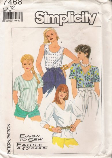Misses' Pullover Tops Sewing Pattern Size 12 Simplicity 7468 UNCUT