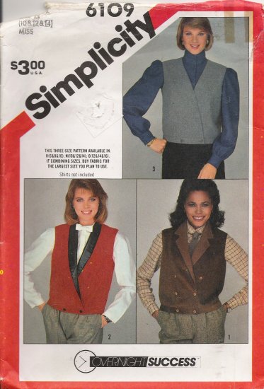Misses' Vest Sewing Pattern Size 10-14 Simplicity 6109 UNCUT