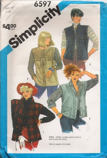Misses' Vest Sewing Pattern Size 12 Simplicity 6597 UNCUT