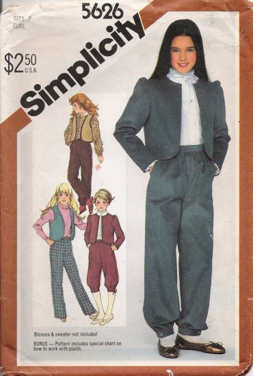 Vintage Sewing Pattern Girls' Pants Knickers Jacket Vest Size 7 Simplicity 5626 UNCUT