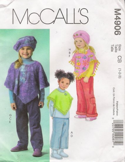 Toddler's & Children's Poncho Pants Hat Sewing Pattern Size 1-3 McCall's 4906 UNCUT