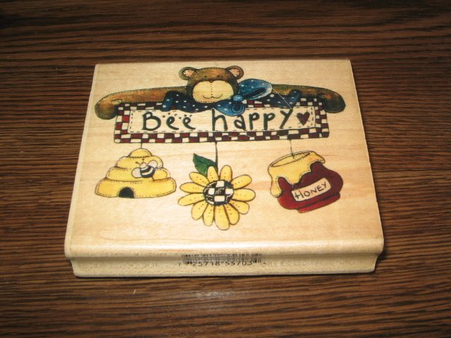 Bee Happy Teddy Bear Wood Mounted Rubber Stamp by Inkadinkado