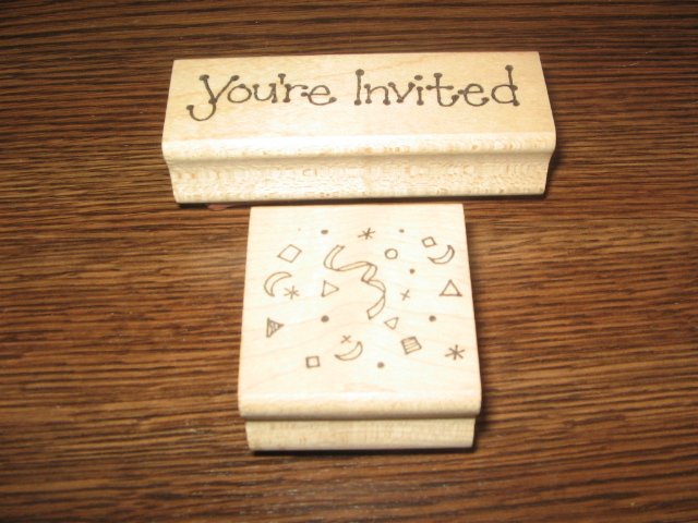 You're Invited & Confetti Wood Mounted Rubber Stamp Lot Of 2