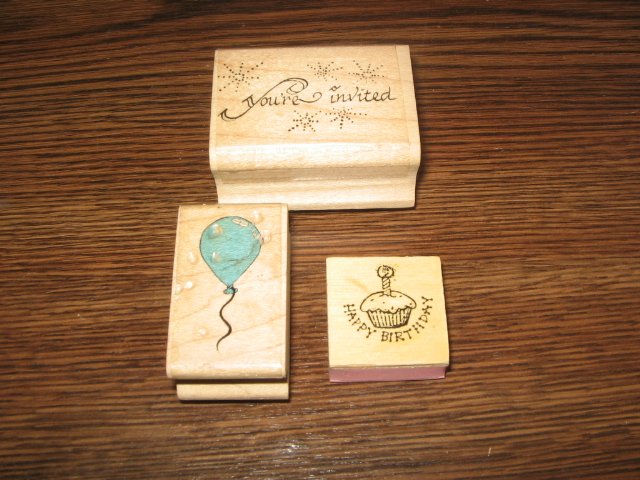 You're Invited, Balloon, Cupcake Wood Mounted Rubber Stamp Lot Of 3