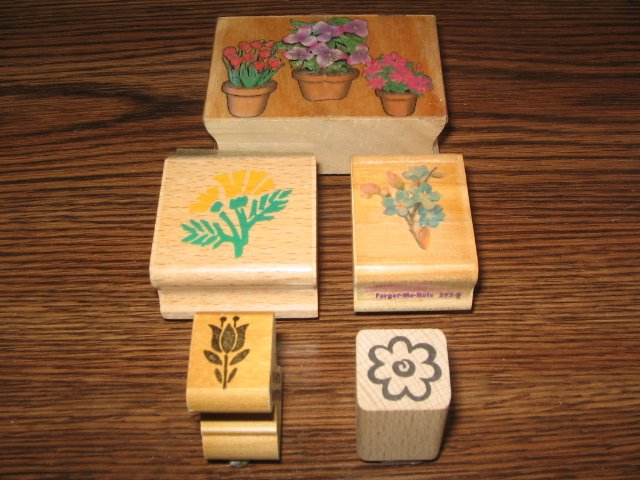 Flower Wood Mounted Rubber Stamps Lot Of 5