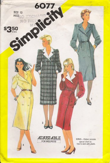 Misses' Double Breasted Dress Sewing Pattern Size 12 Simplicity 6077 UNCUT