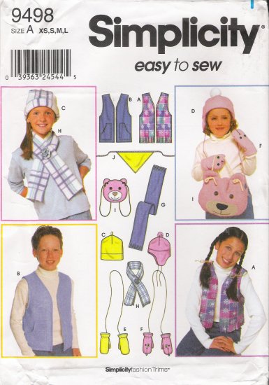 Child's, Girls' & Boys' Vest Accessories Hat Sewing Pattern Size XS-L Simplicity 9498 UNCUT