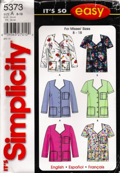 Misses' Scrubs Tops Sewing Pattern Size 8-18 Simplicity 5373 UNCUT