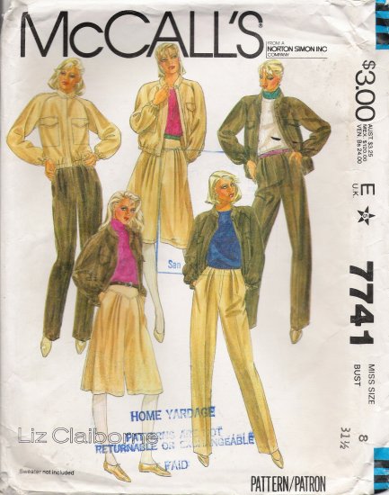 Misses' Jacket Culottes Pants Sewing Pattern Size 8 McCall's 7741 UNCUT