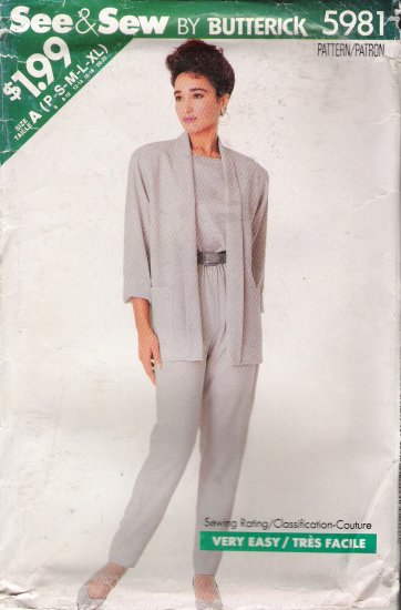 Misses' Jacket Top Pants Sewing Pattern Size P-XL Butterick See & Sew 5981 UNCUT