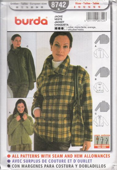 Misses' Jacket Sewing Pattern Size 8-18 Burda 8742 UNCUT