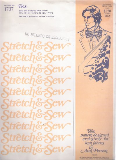 Vintage Sewing Pattern Men's Ties Neck Sizes 13 1/2-17 1/2 Stretch & Sew 1737 UNCUT
